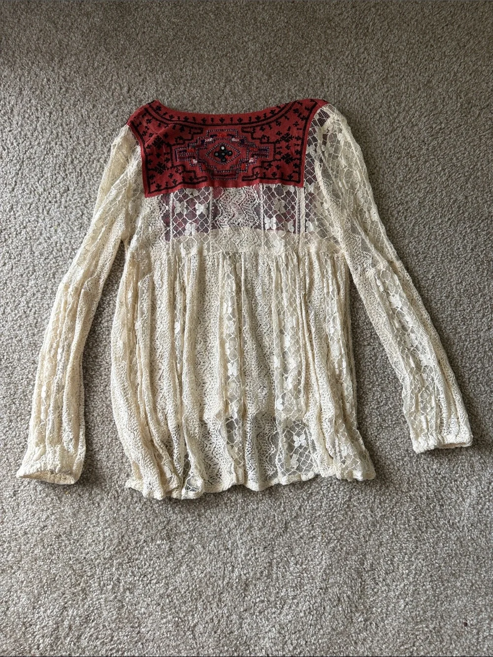 Free People Women’s Cream Lace Tunic with Red Embroidered Yoke + Mirrors SMALL